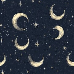 Naklejka premium Seamless Pattern - Crescent Moons and Stars Night Sky Pattern