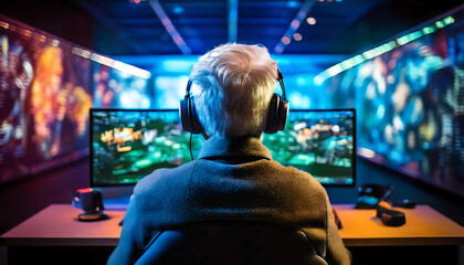 Immersive gaming experience captured from behind a person engrossed in a vibrant, action-packed game on a large monitor.  Perfect for articles on esports, technology, or gaming culture.