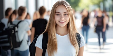 Obraz premium A college girl with long blonde hair and a backpack stands confidently on campus, celebrating Women's Day among her peers in a lively atmosphere