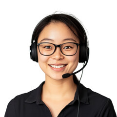  Smiling young woman wearing a headset and glasses, isolated on white background, symbolizing customer service and effective communication.
