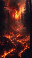 Wildfire engulfs forest path under darkened sky amidst towering trees and raging flames