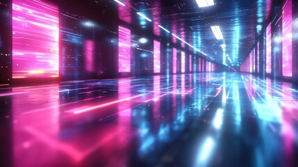 Futuristic Corridor with Glowing Neon Lights and Reflective Floor Creating a Vibrant Atmosphere