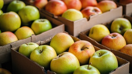 Boxes of ripe apples showcasing a variety of colors arranged for sale in a market setting. Fresh produce and organic farming concept.