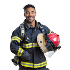 Smiling male firefighter in full protective gear holding a red helmet, isolated on white background, symbolizing bravery and public safety.