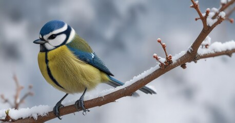 Fototapeta premium Blue tit perched on a small branch in the winter, wing, forest, nature