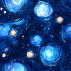Seamless Pattern - Abstract cosmic art, swirling blues and golds.
