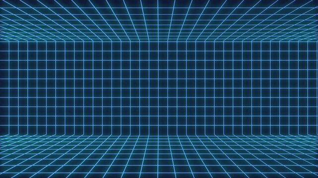 Arcade games background with 3d empty space room in loop motion, grid blueprint texture with futuristic retro theme