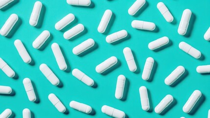 An array of white capsules scattered on a teal background, symbolizing health and medical themes with a clean, modern aesthetic.