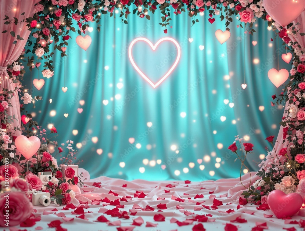 Poster a vibrant and colorful backdrop featuring a heart-shaped neon light on a blue curtain with floating 