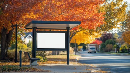 An autumnal bus stop featuring a blank advertisement space, set against a serene suburban backdrop.