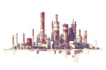 Obraz premium Large industrial refinery with multiple smokestacks, advanced machinery, and vibrant colors against a blue gray backdrop, symbolizing modern energy production and urban development