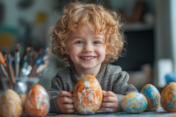 Fototapeta premium A joyful child smiles while surrounded by beautifully painted eggs, showcasing the fun and creativity of Easter celebrations.