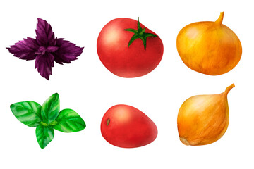Set of vegetables basil, tomatoes, and onions, depicted in a watercolor composition. Fresh essence of natural flavors. Perfect for food blogs, recipe illustrations, and culinary designs.