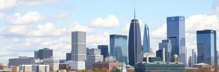 Fototapeta premium Big white fluffy cloud floating over the modern skyline of Frankfurt, Germany, modern, city, fluffy