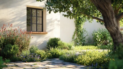 Obraz premium Mediterranean house with vibrant garden and bright window showcasing lush greenery and natural beauty in sunny outdoor setting