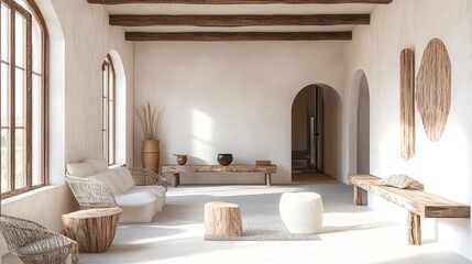 Minimalist home interior with white walls and natural wood furniture, featuring light beams from windows, and open space layout, modern aesthetic.