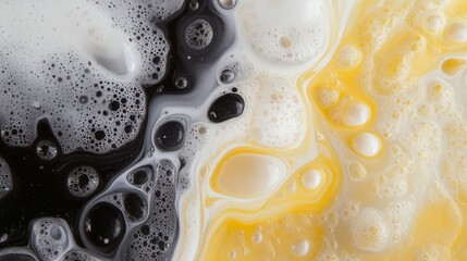 Close-up of black and white milk foam swirling together, creating abstract patterns with bubbles and soft textures.
