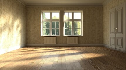 Minimalist Empty Home Interior with Beige Walls and Wooden Flooring Natural Light from Large Windows in Bright Room Setting