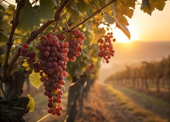 Fototapeta premium Sun-Kissed Grapes A cluster of ripe red grapes hangs heavy on the vine, bathed in the golden glow of the setting sun. The image evokes a sense of abundance, harvest, and the sweet promise of wine