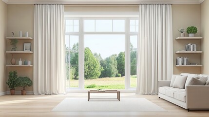 Fototapeta premium Beige living room interior featuring a shelf, curtains, and a window with a picturesque countryside view.