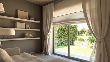 Fototapeta premium Beige living room interior featuring a shelf, curtains, and a window with a picturesque countryside view.