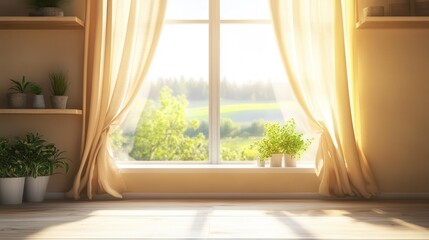 Fototapeta premium Beige living room interior featuring a shelf, curtains, and a window with a picturesque countryside view.