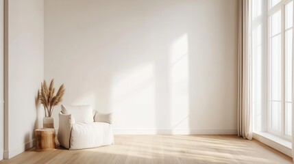 Bright living room interior featuring comfortable armchairs and a decorative drawer, with a blank wall ideal for mockups, showcasing a cheerful and inviting space.