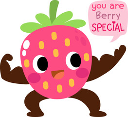 Cheerful Strawberry Character Illustration, smart muscle fruit