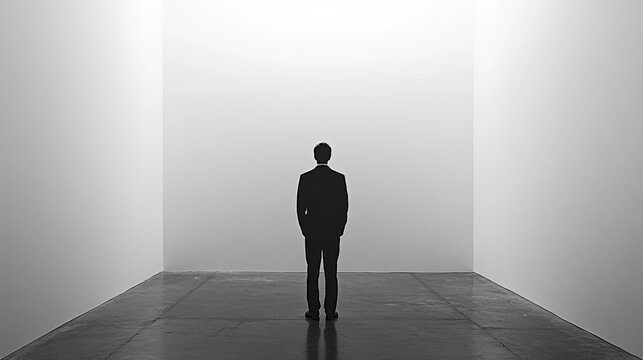 Businessman contemplating life choices in an empty room with blank walls symbolizing solitude and introspection