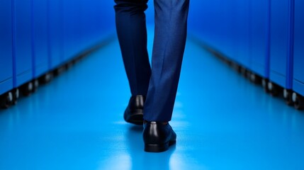 Steps into the Unknown: A mysterious figure strides confidently down a long, blue corridor, their destination unknown, creating an air of anticipation and intrigue. 