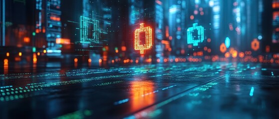 Obraz premium Futuristic Digital Landscape with Glowing Circuits and Data Streams at Night