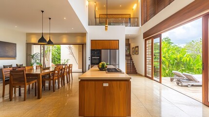 Obraz premium Stylish home kitchen interior with wooden cooking cabinets and a panoramic window, showcasing a modern and elegant cooking space.