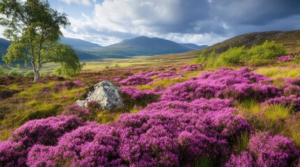 Luxury SUV Driving Through Vibrant Purple Heather Fields in Scottish Highlands Under Dramatic Cloudy Sky