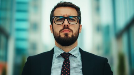The Focused Gaze:  A portrait of a determined businessman in a sharp suit and tie, his eyes fixed on the camera, conveying unwavering focus, professionalism, and ambition.
