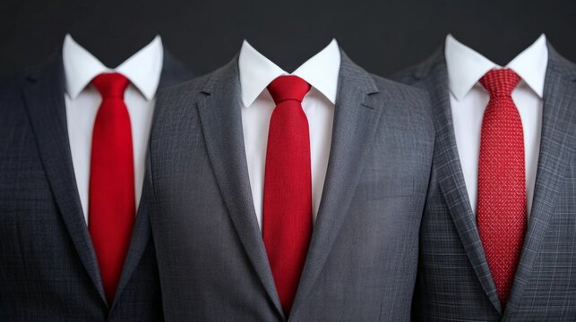 Corporate Power Play: Three sharp suits with crisp white shirts and bold red ties stand in formation, exuding an air of professionalism and authority. This image evokes a sense of power, unity.