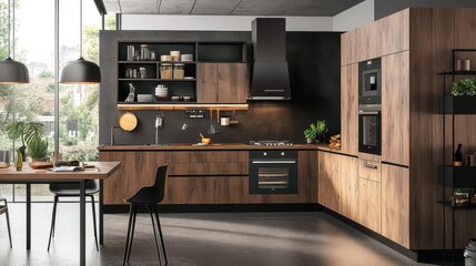 Stylish home kitchen interior with wooden cooking cabinets and a panoramic window, showcasing a modern and elegant cooking space.