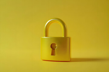 Fototapeta premium A golden padlock on a yellow background, in an isometric angle, 3D rendering, with a simple and clean design, high resolution, professional photography, studio lighting