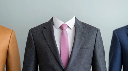 Suits and Ties: A row of three men's suits, featuring a grey suit with a pink tie in the center. Minimalistic and professional.