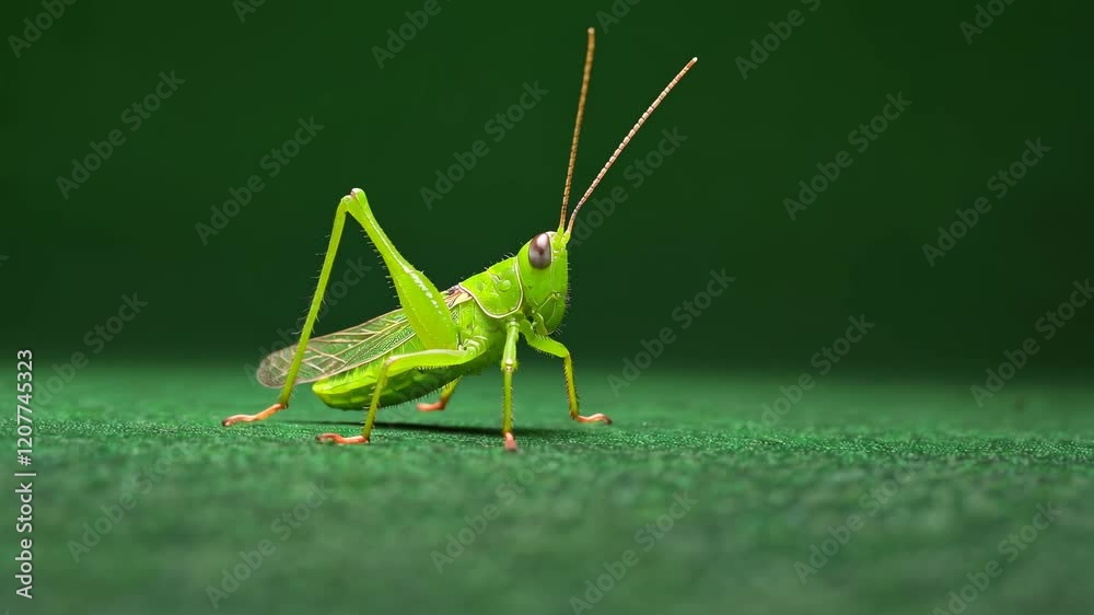 Poster Green grasshopper exploring a vibrant green surface in close-up view during daylight hours