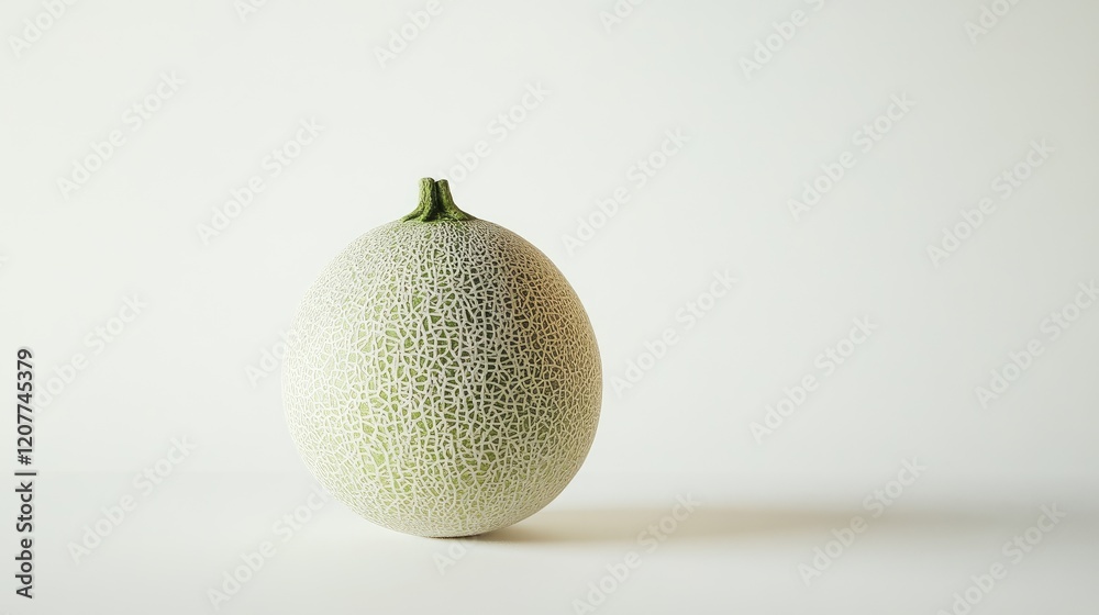 Wall mural Fresh cantaloupe melon against a minimalistic white background highlighting its unique texture and natural beauty for food photography.