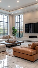 Fototapeta premium Modern living room with large windows and stylish furniture in a contemporary home