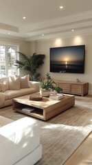 Fototapeta premium Modern living room with large windows and stylish furniture in a contemporary home