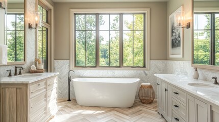 Fototapeta premium The bright bathroom features large windows that allow natural light to flood the space, highlighting the elegant marble walls and herringbone wood floor.