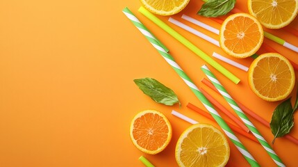 Vibrant citrus fruit slices and colorful straws on bright orange background flat lay style