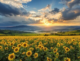 Obraz premium a sunflower field with a beautiful sunset in the background. The sky is filled with dramatic clouds, casting a warm glow over the landscape.