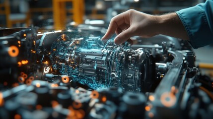 Engineer interacting with a holographic engine projection using an augmented reality interface in a futuristic factory, highlighting innovation in automotive engineering