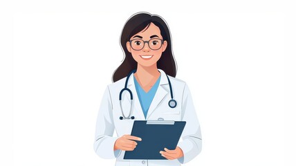 A cheerful female doctor in a white coat holds a clipboard, exuding professionalism and care in a simple, clean illustration.