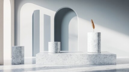 Minimalist interior with soft gray walls and marble podiums featuring a single vase with a natural element, bright sunlight casting gentle shadows.