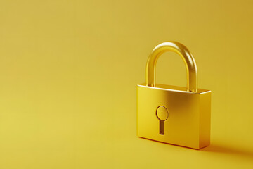 A golden padlock on a yellow background, in an isometric angle, 3D rendering, with a simple and clean design, high resolution, professional photography, studio lighting
