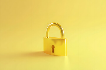 A golden padlock on a yellow background, in an isometric angle, 3D rendering, with a simple and clean design, high resolution, professional photography, studio lighting